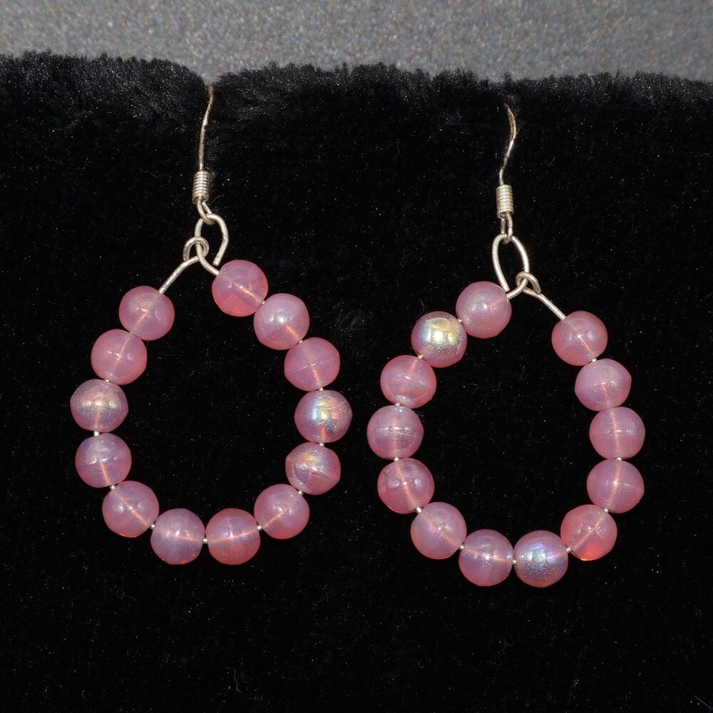 Round pink opal gemstone silver hoop earrings handmade